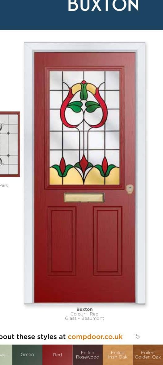 Comp Door Buxton style red entrance door with decorative Beaumont glazing