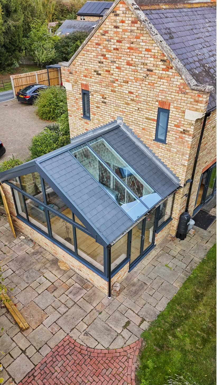 Custom Choice orangery with tiled roof and central glazed lantern viewed from above on a Peterborough home