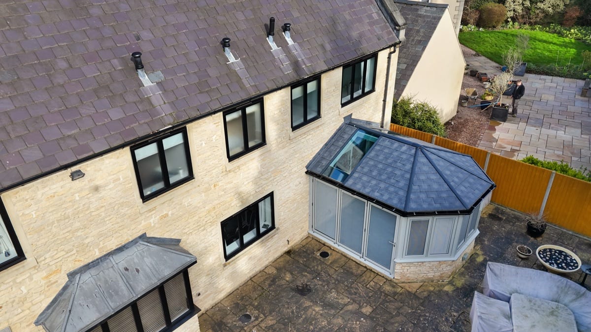 Ultraframe Ultra380 tiled conservatory roof viewed from above on a Peterborough home